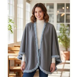 C.B.M. Project Gray Wool Wrap Cape Shawl Made In Italy Blue Trim Womens One Size